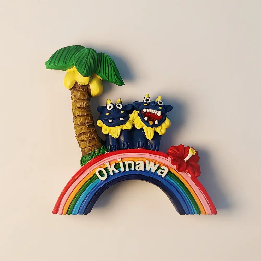 japan-okinawa-shisa-fridge-magnet-front Japan Okinawa Shisa Mascot Rainbow Hibiscus Palm Tree Fridge Magnet front view