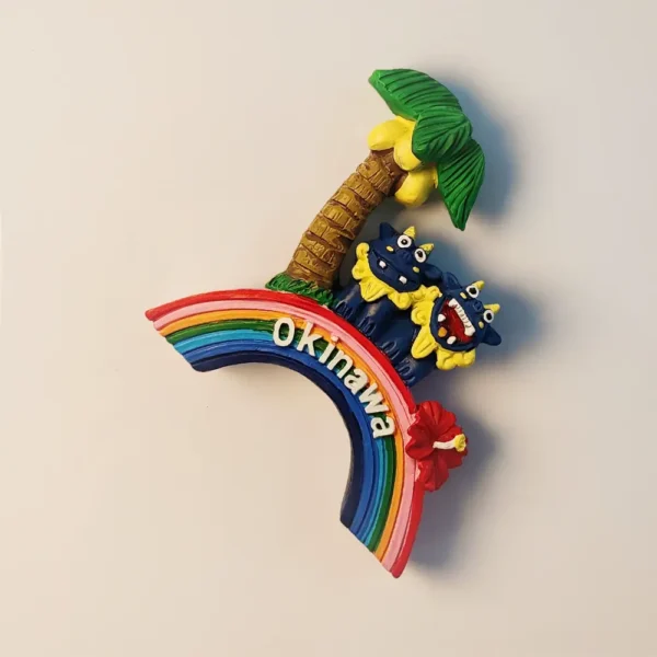 Japan Okinawa Shisa Mascot Rainbow Hibiscus Palm Tree Fridge Magnet right side view