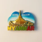 Front view of Myanmar souvenir fridge magnet featuring Shwedagon Pagoda in golden detail.