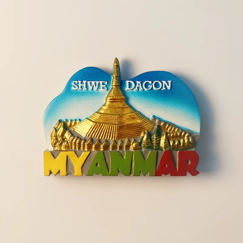 shwedagon-pagoda-myanmar-fridge-magnet-front Front view of Myanmar souvenir fridge magnet featuring Shwedagon Pagoda in golden detail.