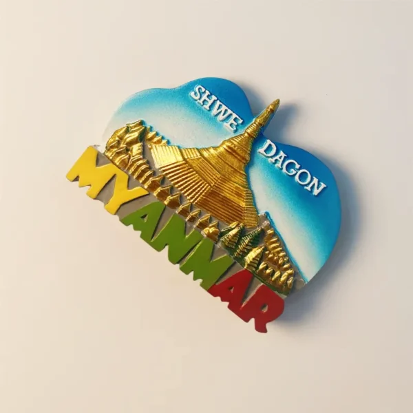 Left side of Shwedagon Pagoda magnet showing embossed layers and intricate carvings.