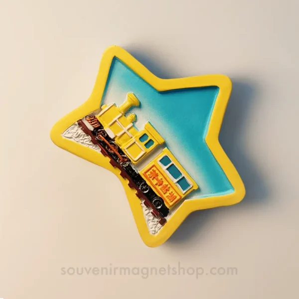 Right side view of China Qinghai Chaka Salt Lake star train fridge magnet.