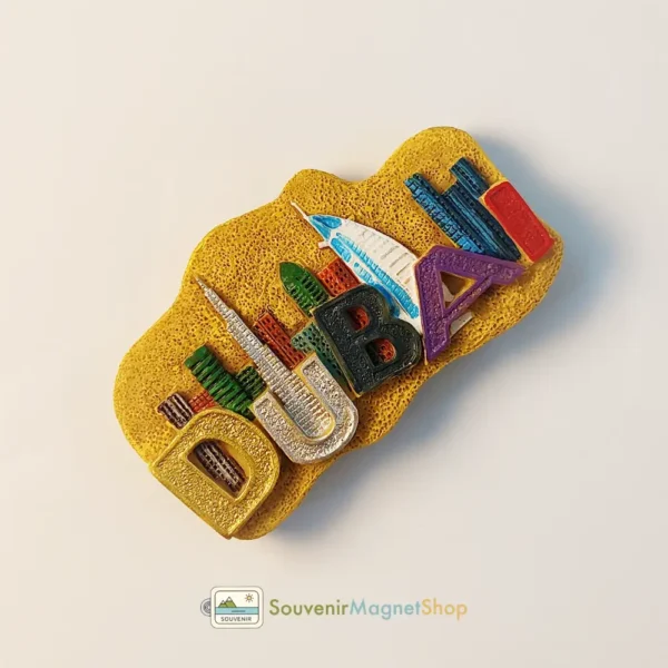 Left side view of Dubai Burj Khalifa and Burj Al Arab Hotel fridge magnet, highlighting its thickness.