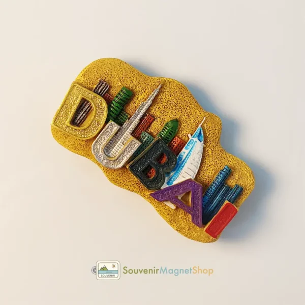 Right side view of Dubai Burj Khalifa and Burj Al Arab Hotel fridge magnet, showing its unique shape.