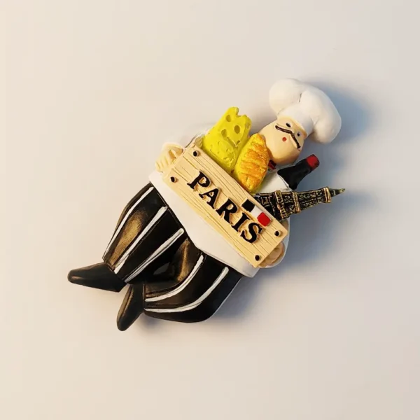 Right side view of France Paris Painted Chef Fridge Magnet, perfect for food enthusiasts.