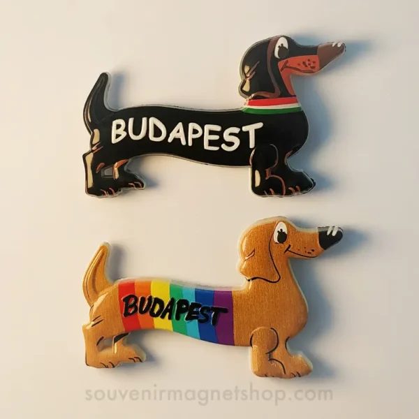 Left side view of the black Hungary Budapest Dachshund fridge magnet