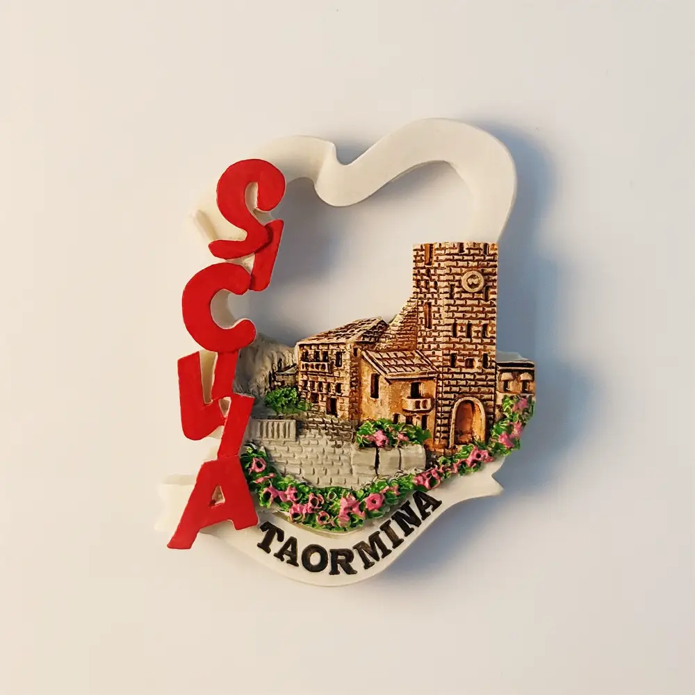 italy-taormina-sicily-hilltop-town-fridge-magnet-front-view Front view of Italy Taormina Sicily Hilltop Town Fridge Magnet, showcasing intricate architecture.