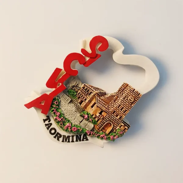 Right side view of Italy Taormina Sicily Hilltop Town Fridge Magnet, perfect for souvenir collectors.