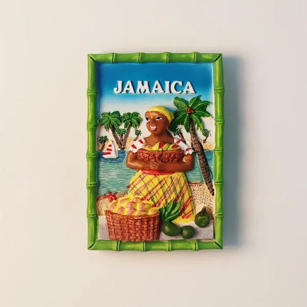 Jamaica traditional dress woman fruit scenic view fridge magnet front view