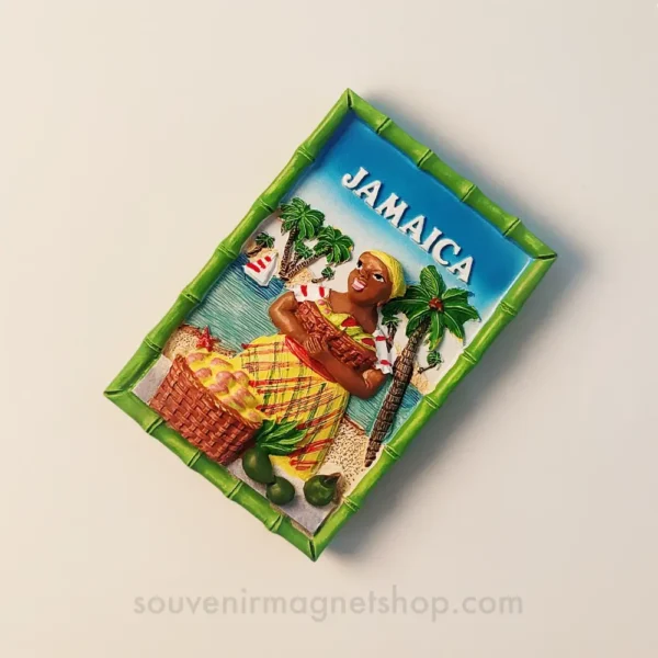 Jamaica traditional dress woman fruit scenic view fridge magnet right side view