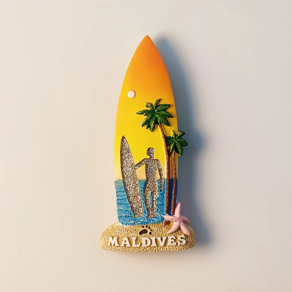 maldives-sunset-beach-fridge-magnet-front-view Maldives Sunset Beach 3D surfboard shape Fridge Magnet front view