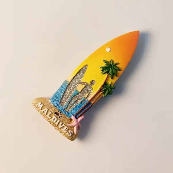 Maldives Sunset Beach 3D surfboard shape Fridge Magnet right side view