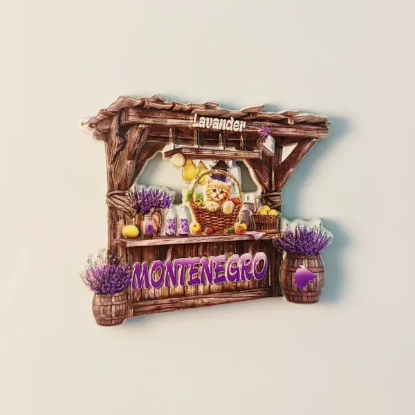 Front view of Montenegro Lavender Cat Stand Fridge Magnet