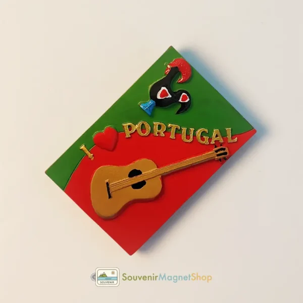 Portugal Rooster Guitar Fridge Magnet right side view, cultural souvenir.