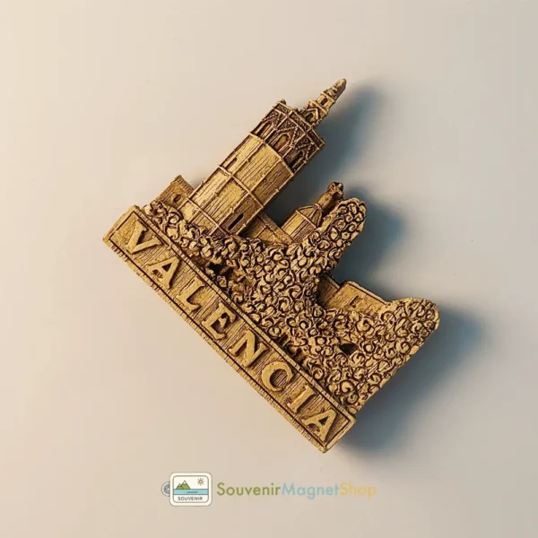 Spain Valencia Miguelete Tower fridge magnet right side view, collectible travel souvenir.