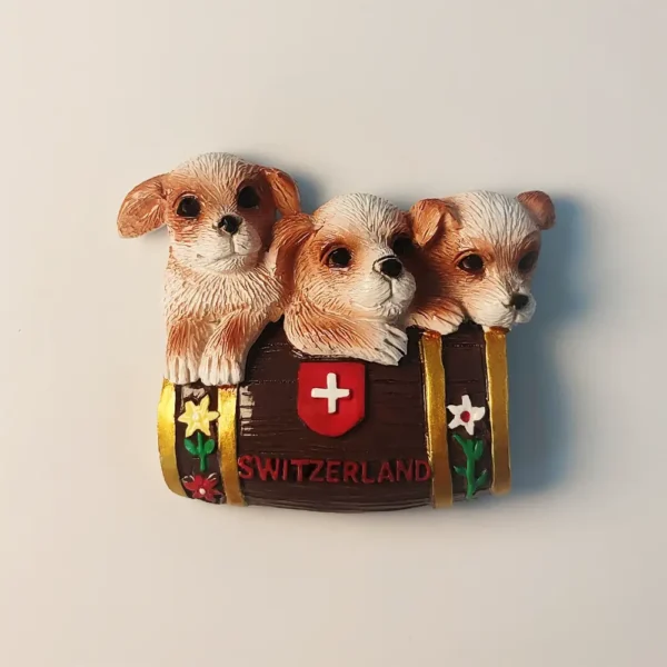 Switzerland Creative Wooden Barrel Puppies Fridge Magnet front view