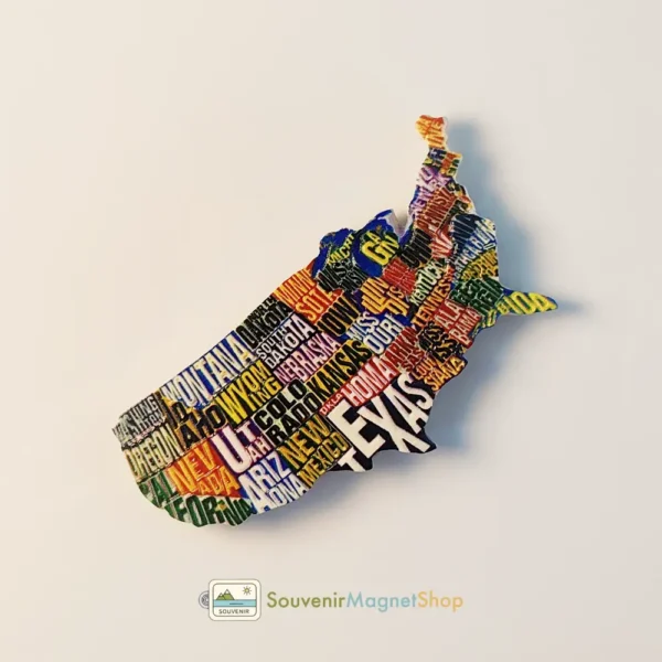 USA creative letter map fridge magnet angled left view, showing texture