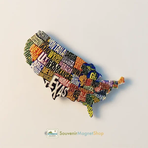 USA creative letter map fridge magnet angled right view, detailed design