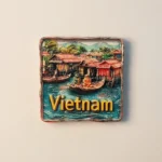 Front view of Vietnam Floating House fridge magnet, traditional Vietnamese water dwelling souvenir.