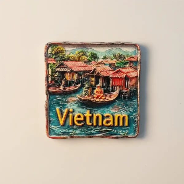Front view of Vietnam Floating House fridge magnet, traditional Vietnamese water dwelling souvenir.