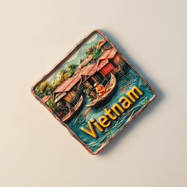 Left side view of Vietnam Floating House fridge magnet, unique Vietnamese souvenir.