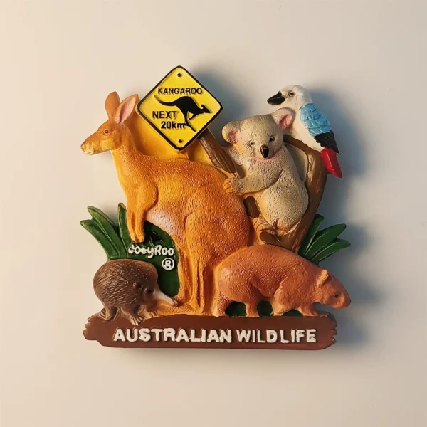 Front view of Australia creative 3D wildlife warning sign fridge magnet with kangaroo and koala.