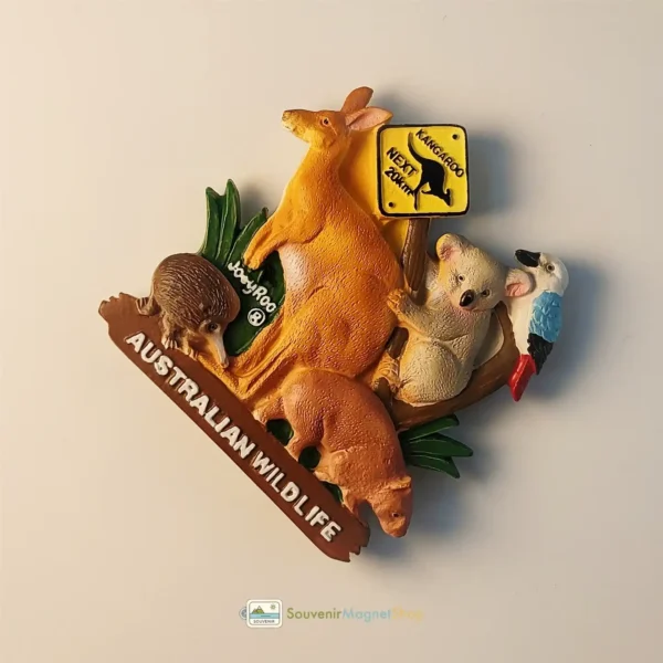 Right side view of Australia creative 3D wildlife fridge magnet featuring a warning sign.