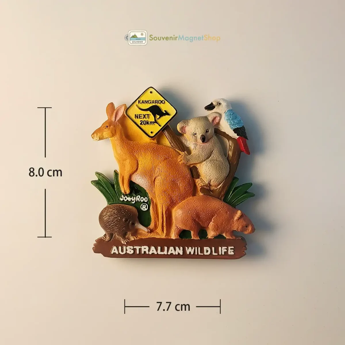 Australia creative 3D wildlife warning sign fridge magnet with size and dimensions.