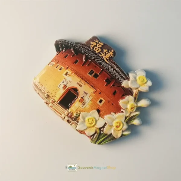Right side view of unique China Fujian Tulou fridge magnet with Narcissus detail