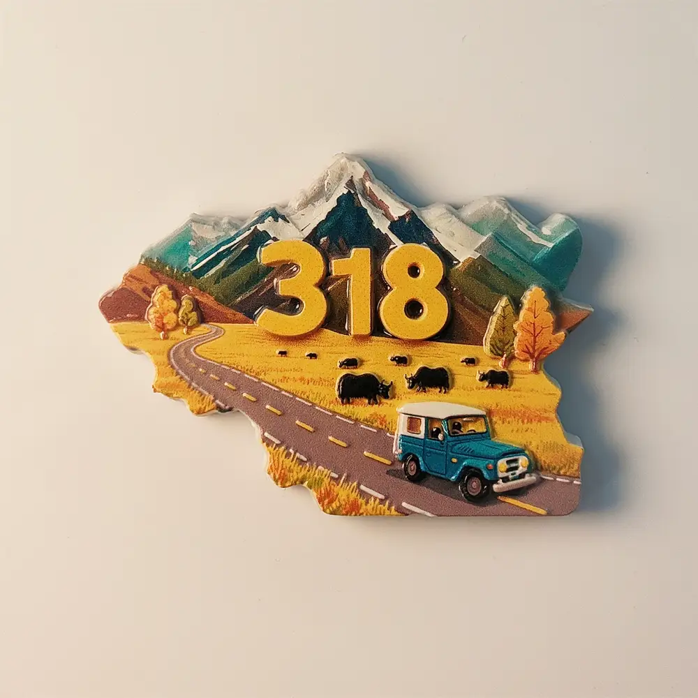 china-g318-sichuan-tibet-southern-route-fridge-magnet-front-view China G318 Sichuan-Tibet Southern Route fridge magnet, front view, featuring snow mountains and grasslands.