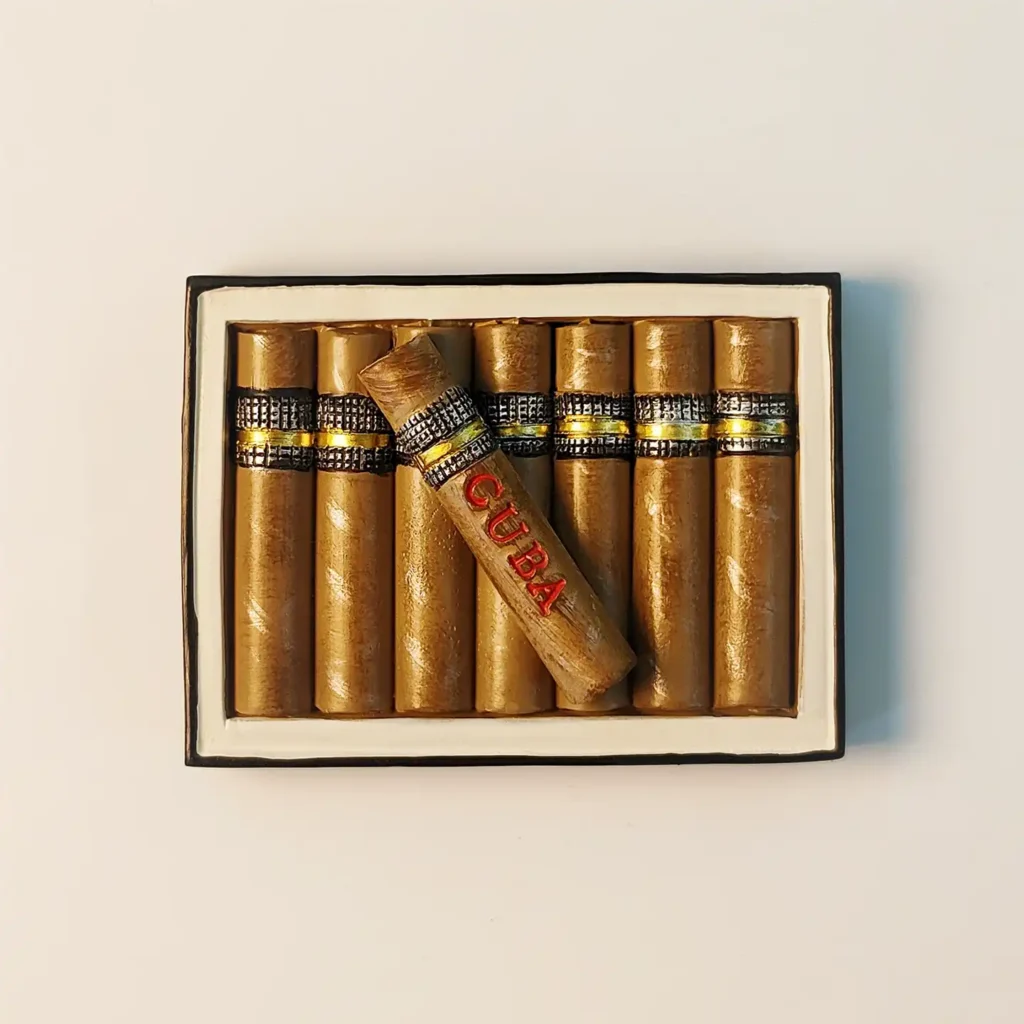 Front view of the Cuba Cigar Box Fridge Magnet, a unique Cuban souvenir decoration.