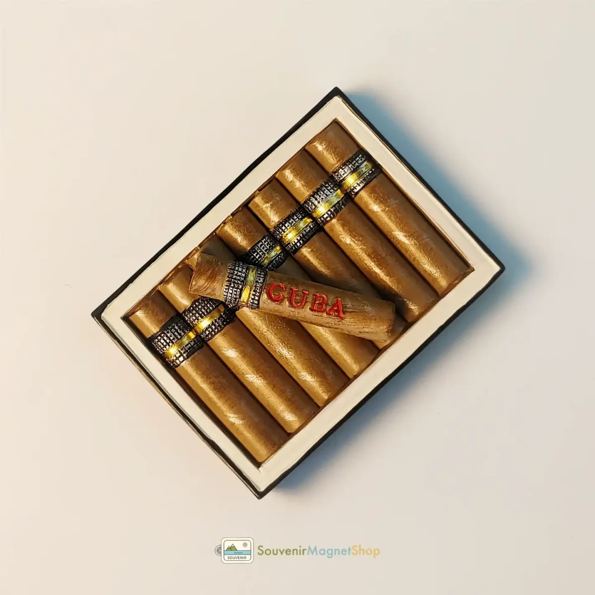 Left side view of the Cuba Cigar Box Fridge Magnet, showcasing its distinctive design.