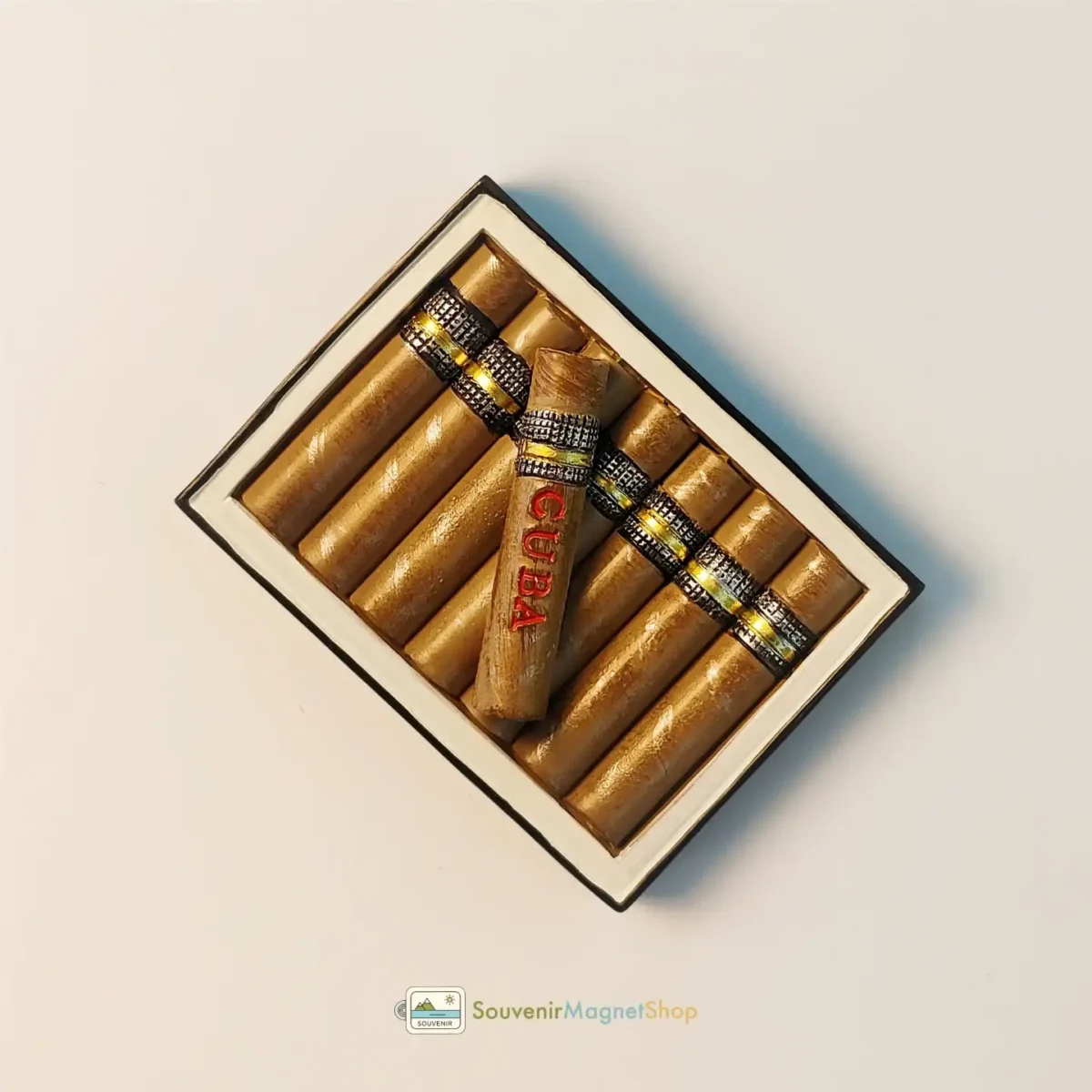 Right side view of the Cuba Cigar Box Fridge Magnet, a decorative souvenir.