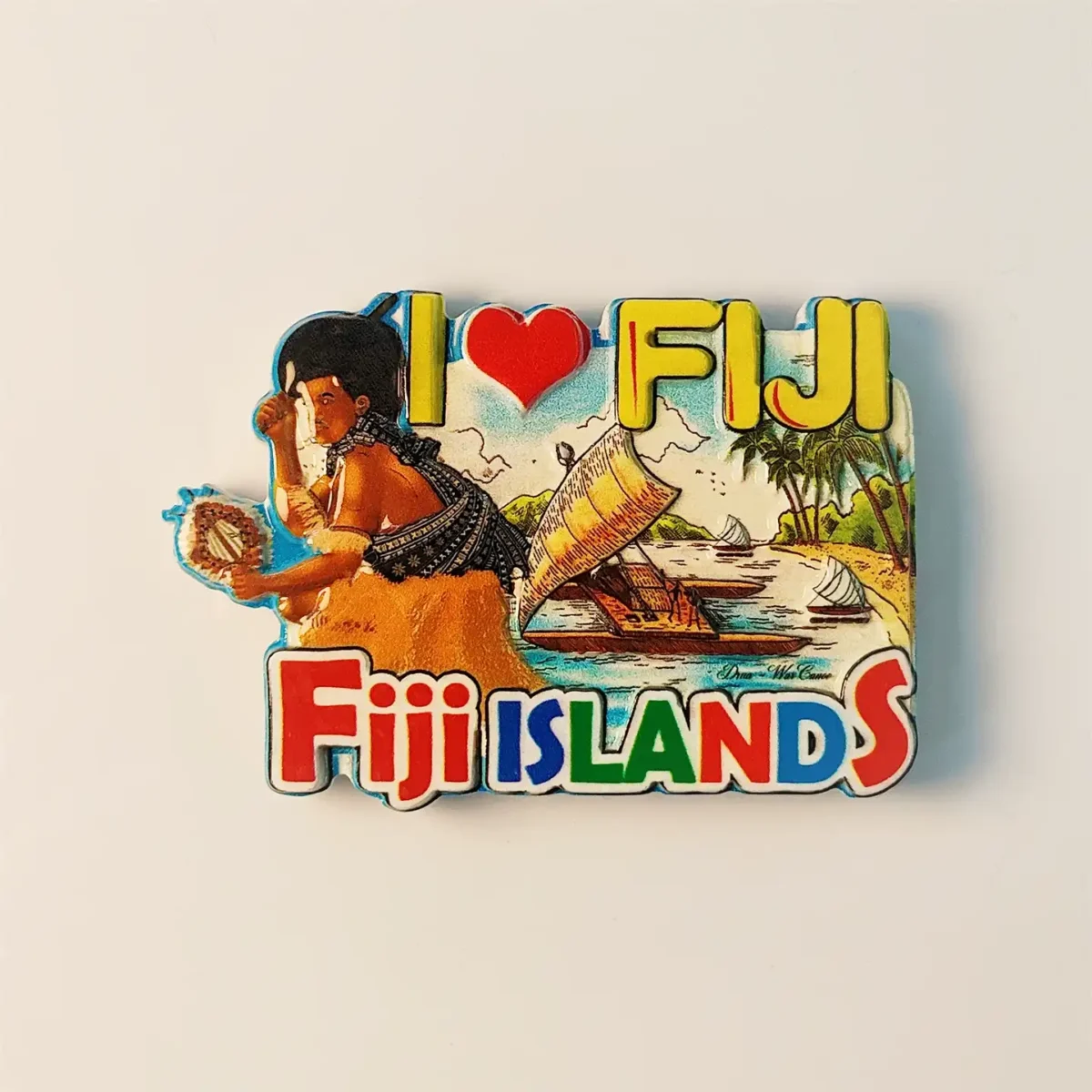 Fiji I Love Fiji Islands fridge magnet front view, showcasing vibrant colors and cultural design.