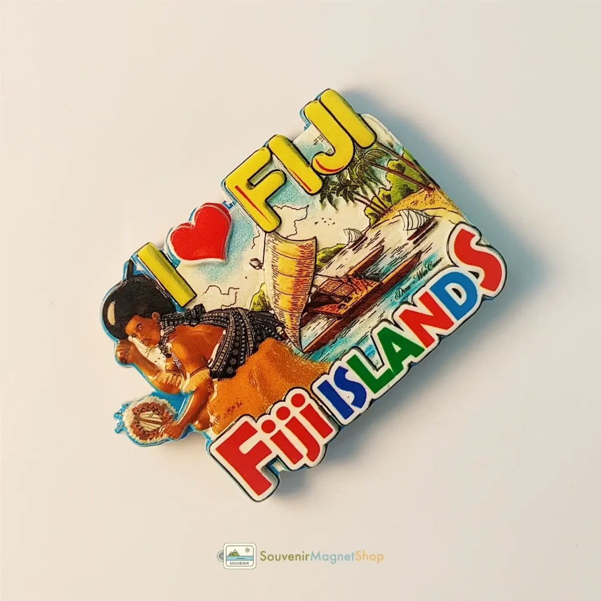 Fiji I Love Fiji Islands fridge magnet left side view, highlighting the unique shape.