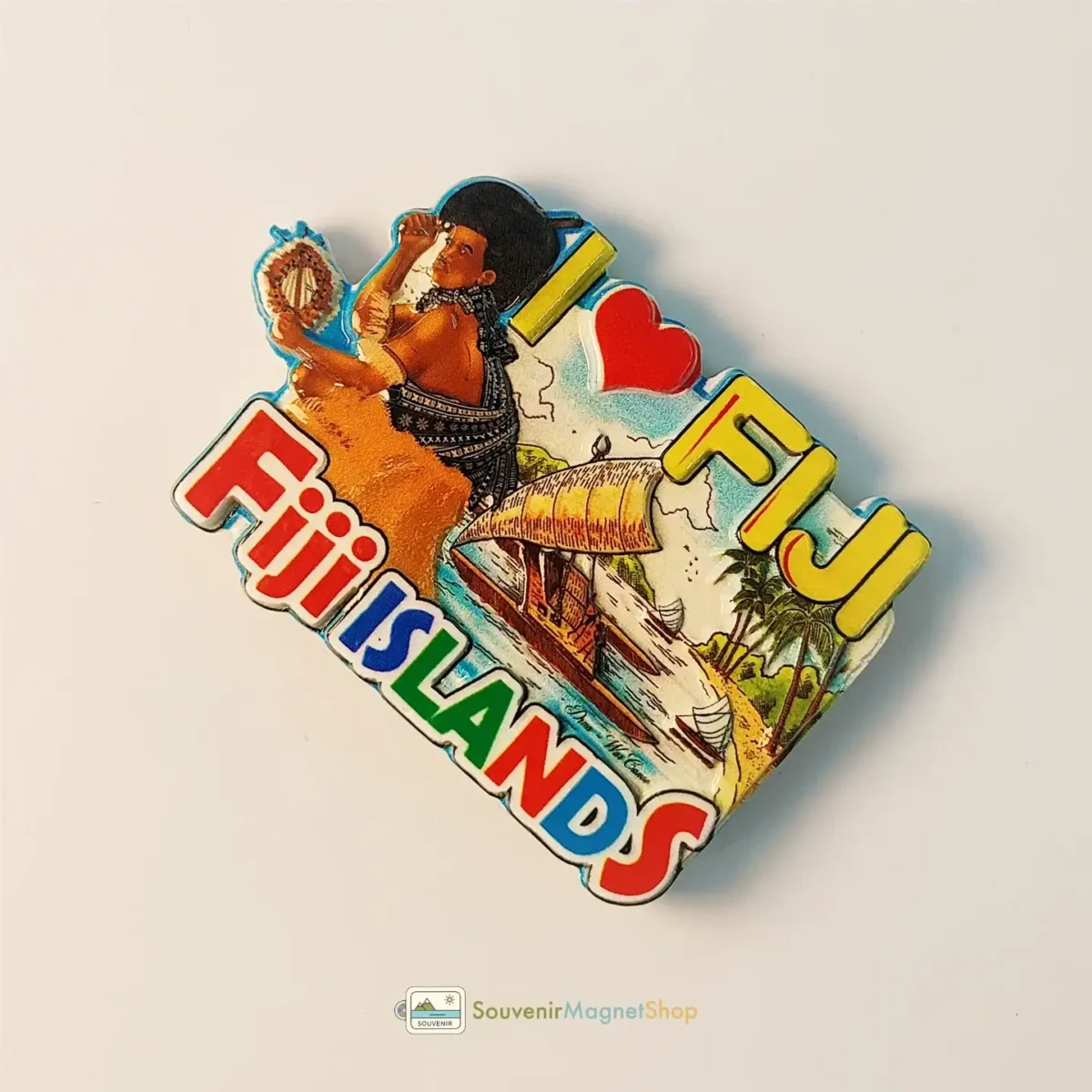 Fiji I Love Fiji Islands fridge magnet right side view, showing detailed craftsmanship.