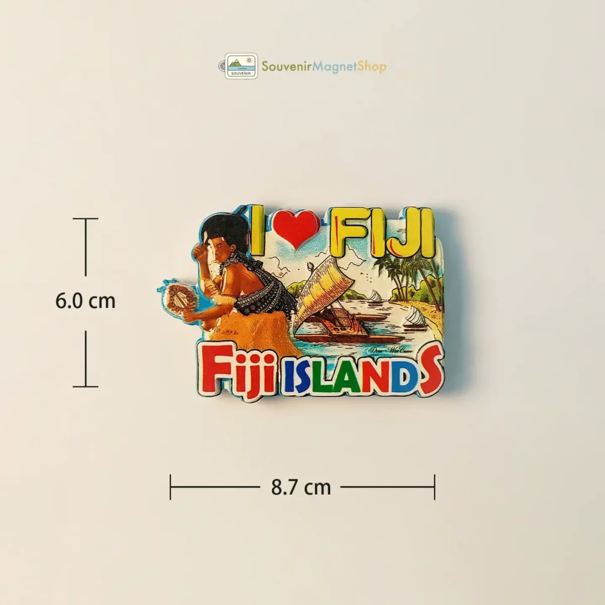 Fiji I Love Fiji Islands fridge magnet size view, with dimensions 6.0 cm x 8.7 cm.