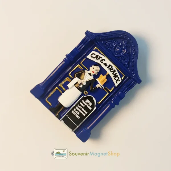 Right side view of the France Cafe de France waiter fridge magnet, a unique French souvenir.