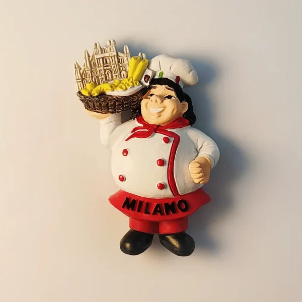Italy Milan Duomo Chef fridge magnet front view, showcasing the creative chef with pasta and Milan Cathedral.