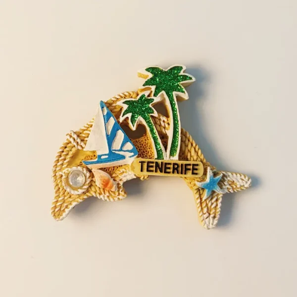 Front view of Spain Tenerife Dolphin Sailboat Palm Trees Fridge Magnet