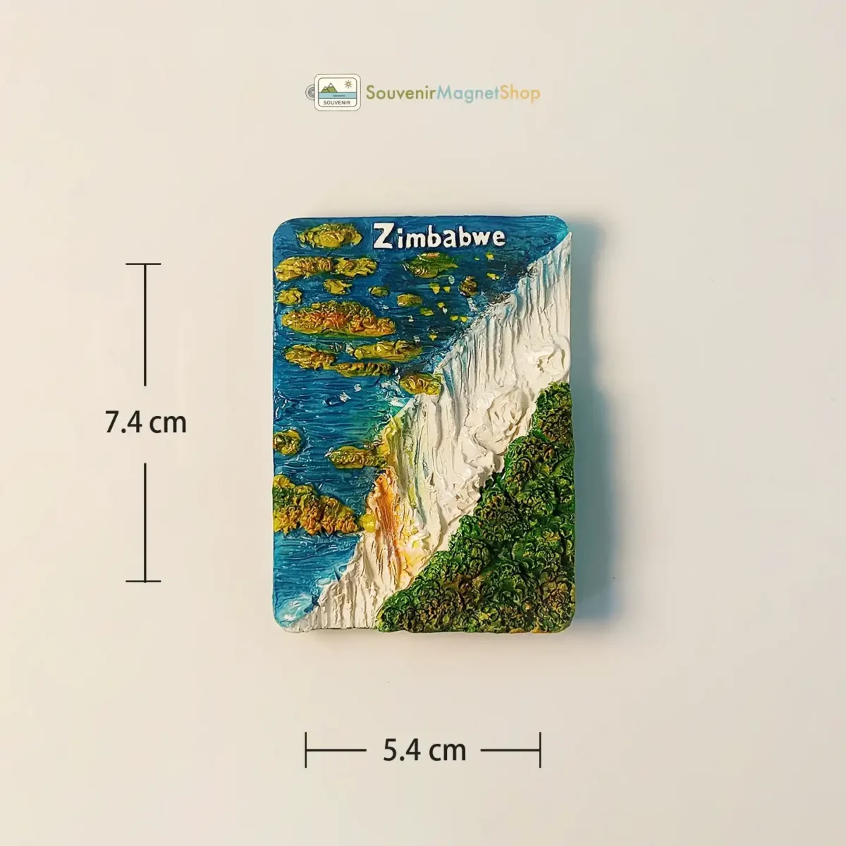 Size view of the Zimbabwe Victoria Falls fridge magnet, showing dimensions.
