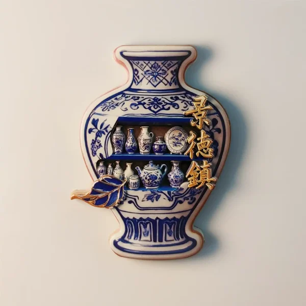 China Jingdezhen blue and white porcelain fridge magnet front view.