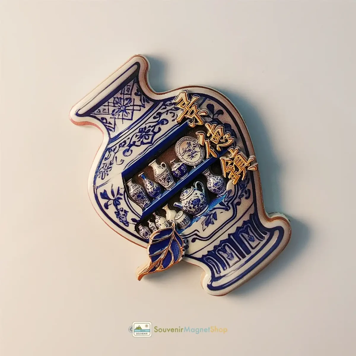 China Jingdezhen blue and white porcelain fridge magnet left side view.