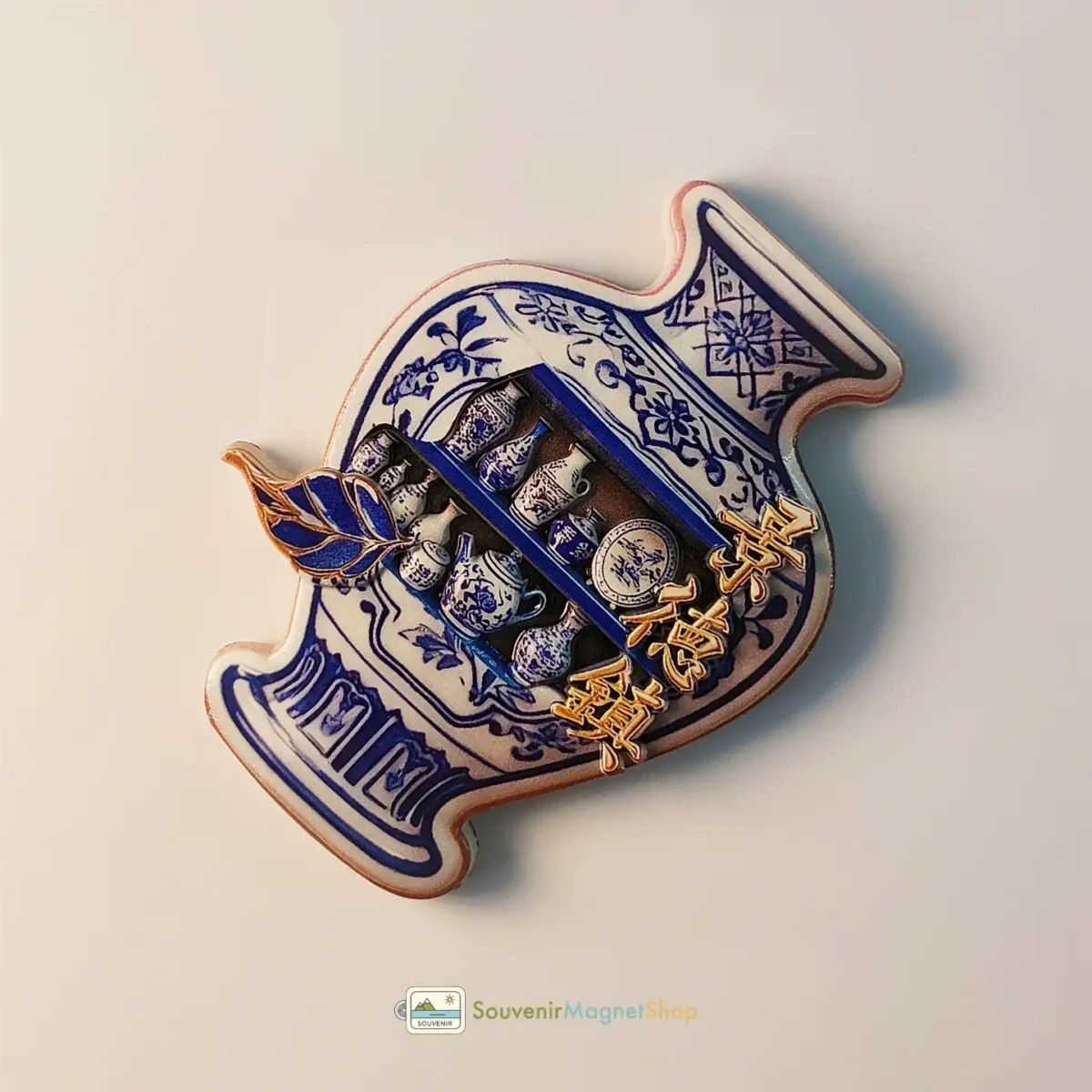 China Jingdezhen blue and white porcelain fridge magnet right side view.