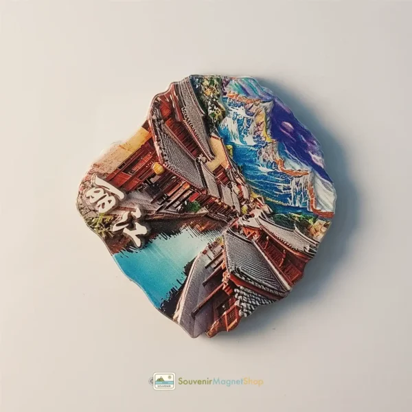 China Lijiang Old Town Snow Mountain fridge magnet right side view.