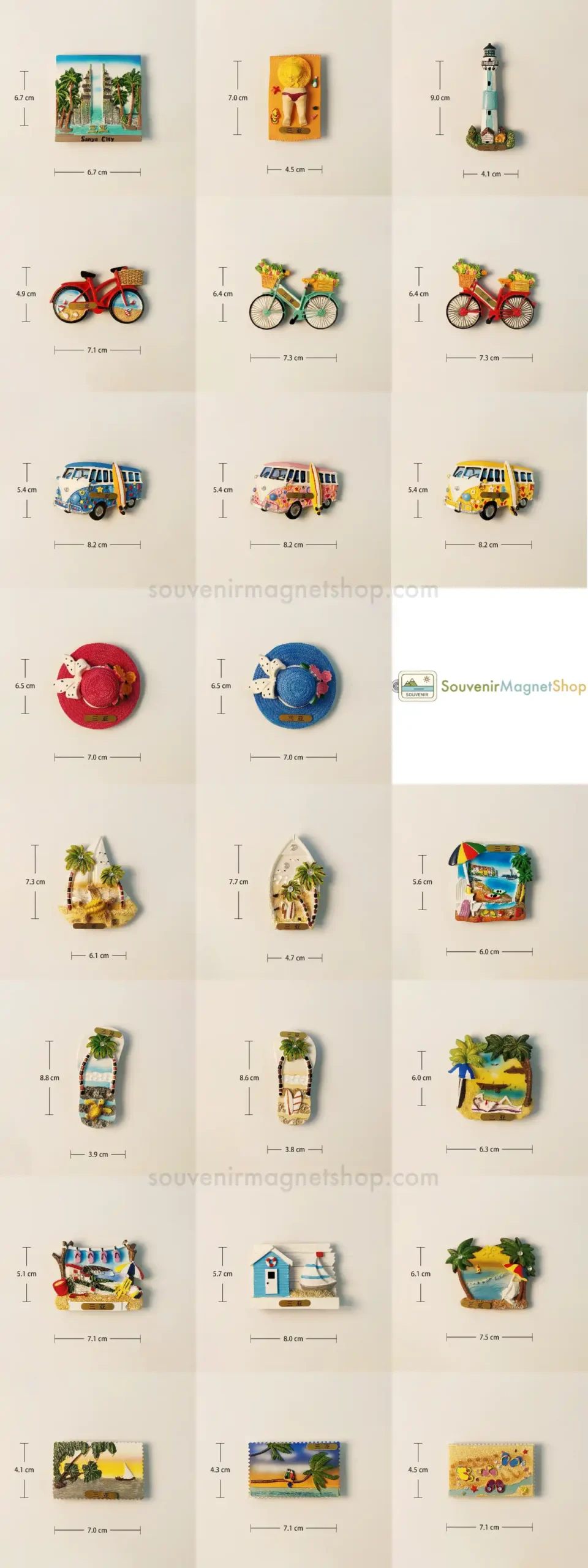 China's Sanya characteristic beach scenery combination set refrigerator magnet, 23 styles of sizes displayed