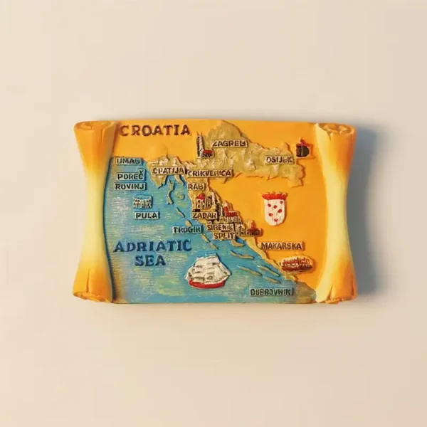 Croatia map scroll fridge magnet front view.