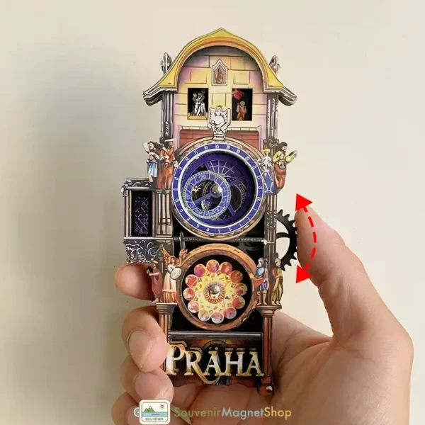 Czech Republic Prague Astronomical Clock fridge magnet showing size and movable gear.