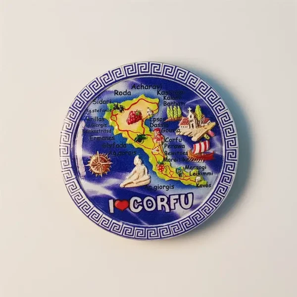 Greece Corfu map fridge magnet front view.
