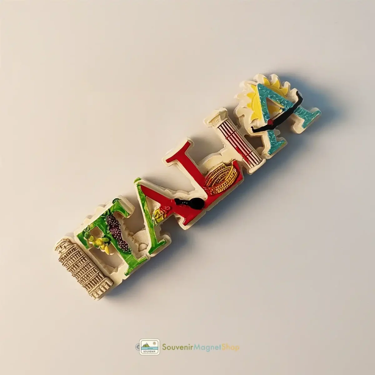 Italy letters landmark fridge magnet left angled view.